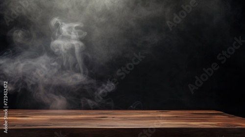 On a black background, an empty wooden table with smoke floats up. Empty space for displaying your products, with a smoke float up on a dark background. Space available for displaying : Generative AI