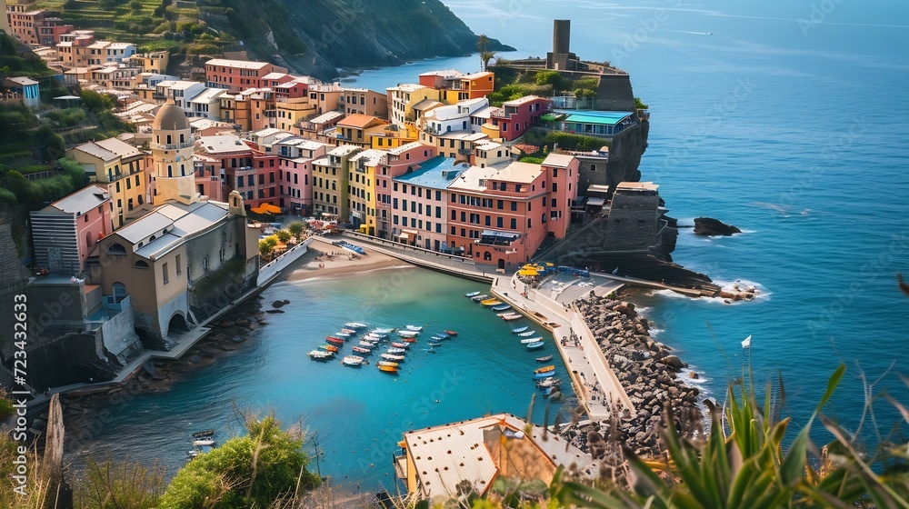 Scenic view of colorful village Vernazza and ocean coast in Cinque Terre, Italy : Generative AI
