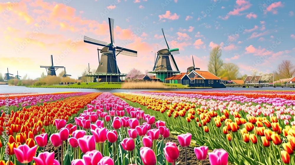 Beautiful colorful spring landscape in Netherlands, Europe. Famous windmills in Kinderdijk village with tulips flowers flowerbed in Holland. Famous tourist attraction in Holland. : Generative AI