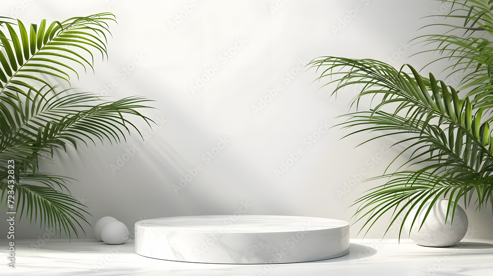Minimal scene with white marble podium and palm leaves. Minimal scene with white marble podium and palm leaves.