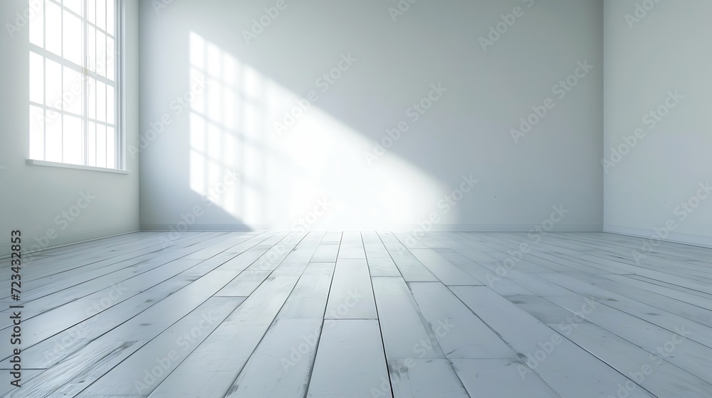 Empty room with whitewashed floating laminate flooring and newly painted white wall in background : Generative AI Empty room with whitewashed floating laminate flooring and newly painted white wall in background : Generative AI