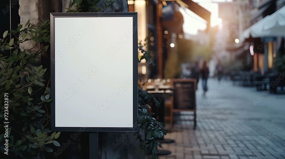 White paper poster mockup displayed outside the building restaurant. Marketing and business concept. : Generative AI White paper poster mockup displayed outside the building restaurant. Marketing and business concept. : Generative AI