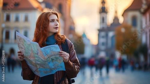 Attractive young female tourist is exploring new city. Redhead girl holding a paper map on Market Square in Krakow. Traveling Europe in autumn. St. Marys Basilica : Generative AI