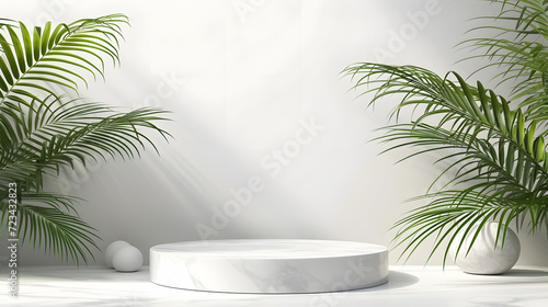 Minimal scene with white marble podium and palm leaves. 