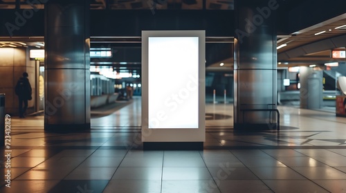 Indoor outdoor city light mall shop template. Blank billboard mock up in a subway station, underground interior. Urban light box inside advertisement metro airport vertical. : Generative AI