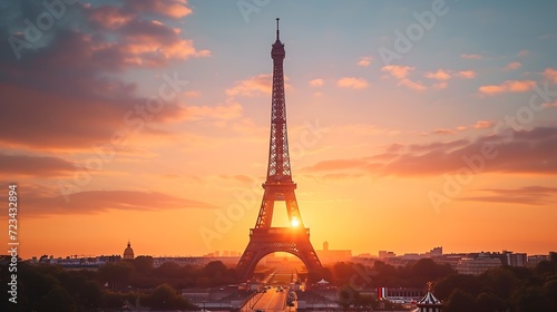 Eiffel Tower at sunset in Paris  France. Romantic travel background.   Generative AI