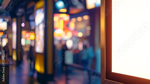 blank showcase billboard or advertising light box for your text message or media content with blurred image of ticket sales counter at movie theater, advertisement, marketing, entertai : Generative AI photo