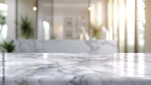 Empty marble top table with blurred bathroom interior Background.   Generative AI