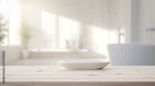 Empty tabletop for product display with blurred bathroom interior background : Generative AI