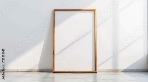 Wooden frame mockup on white wall. Poster mockup. Clean, modern, minimal frame. Empty fra.me Indoor interior, show text or product : Generative AI photo