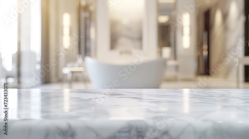 Empty marble table top with blurred bathroom interior background : Generative AI photo