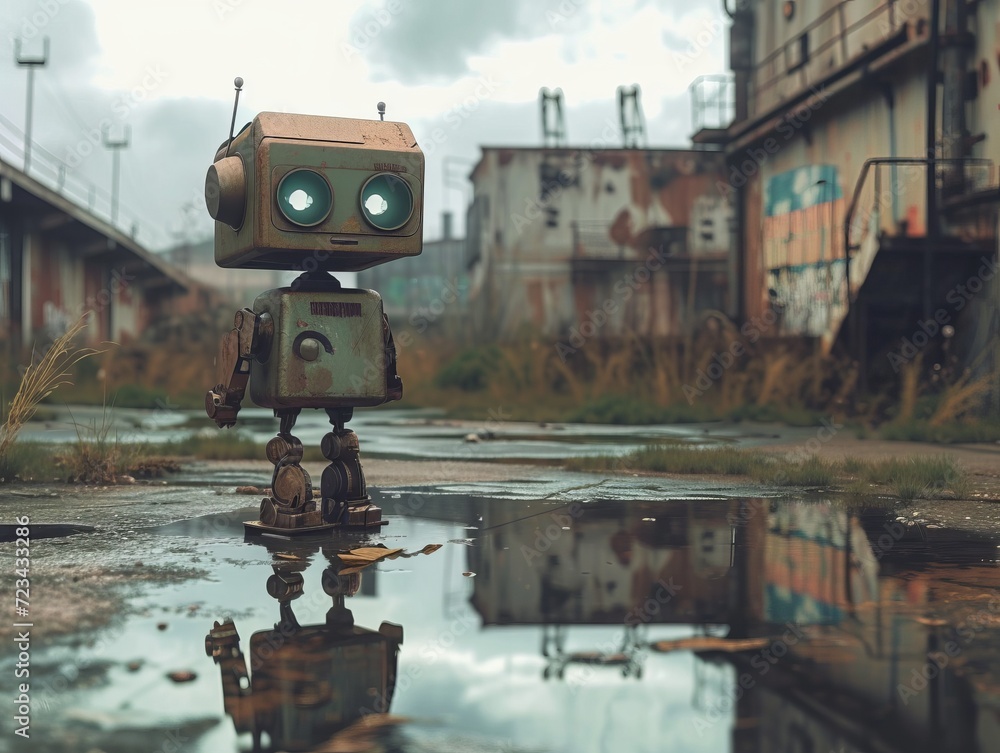 little robot with surprised eyes stands through an abandoned industrial area in a puddle