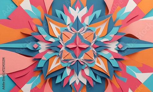 Vibrant Papercut Kaleidoscope Abstract Background, Energetic Shapes, Toon Shading, Flat Colors, Dynamic Poses, Soft Shadows
