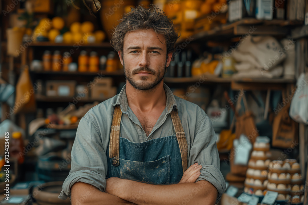 Fototapeta premium An image of a small local business owner in their shop, depicting the reality of entrepreneurship. Concept of small business struggles and successes. Generative Ai.