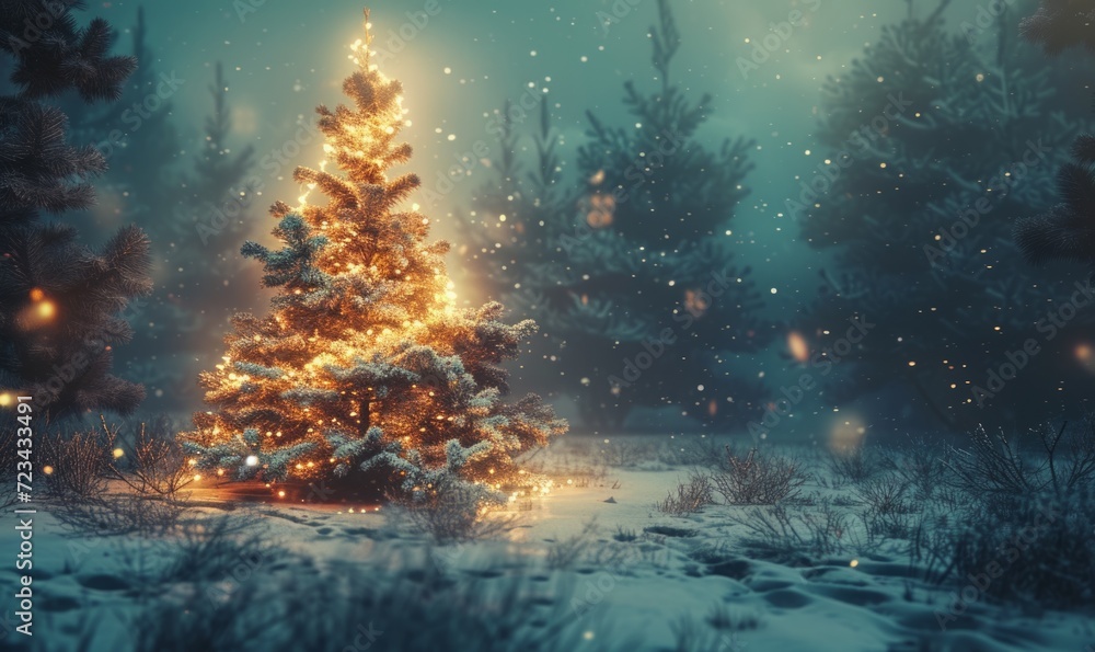 beautiful Christmas tree glowing with lights in a fabulous winter snowy evening forest beautiful Christmas tree glowing with lights in a fabulous winter snowy evening forest