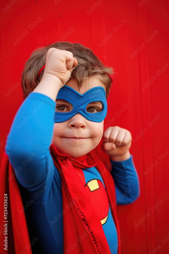 Playful kid superhero on a red background Playful kid superhero on a red background