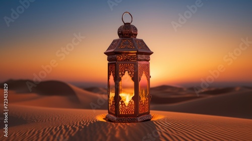 Closeup lantern lamp with candle on the desert sand in sunset