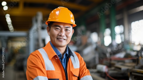 Joyful Asian craftsman, in work uniform, safety helmet, industrial warehouse interior