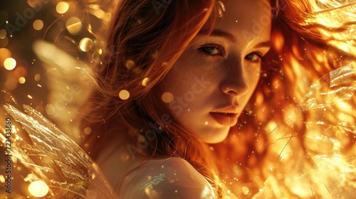 A portrait of a woman with long red hair and gossamerlike wings, her gaze serene as she is surrounded by a golden aura of flickering, celestial sparks.