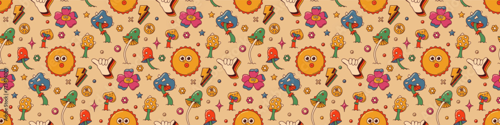 Groovy retro seamless pattern in Boho colors. Groovy retro seamless pattern in Boho colors.