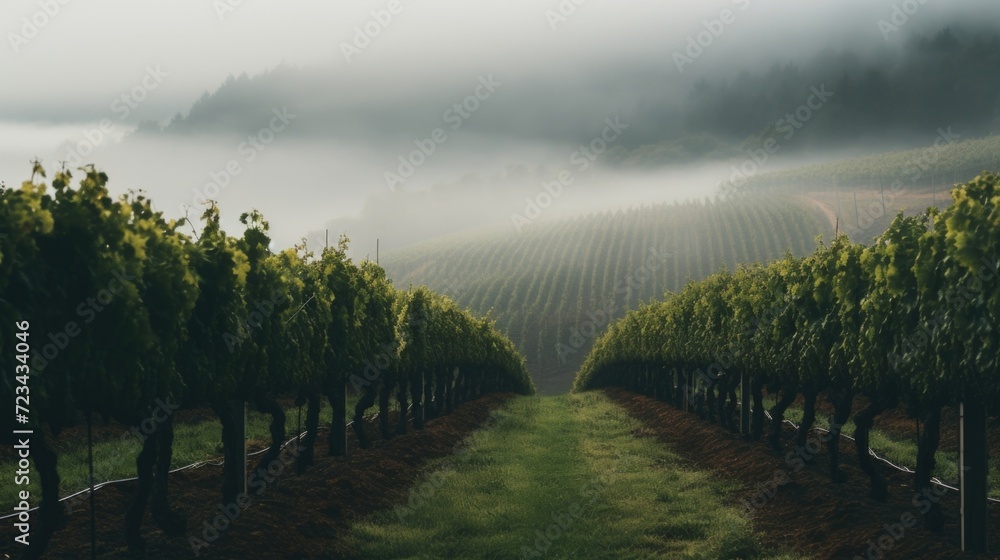 The fog hangs heavy in the air, adding an ethereal element to the already picturesque vineyard.
