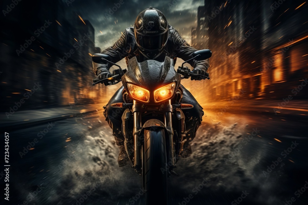 Motorcycle driver in his leather jacket on the road Motorcycle driver in his leather jacket on the road