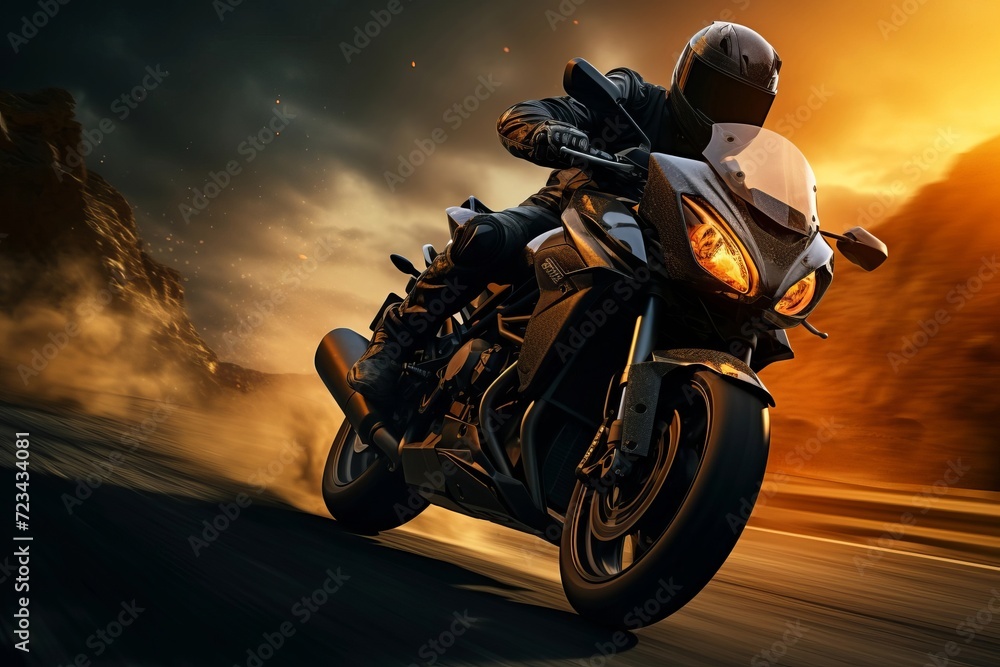 Motorcycle driver in his leather jacket on the road Motorcycle driver in his leather jacket on the road