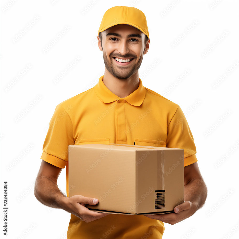 Cheerful delivery man with package ready to ship Cheerful delivery man with package ready to ship