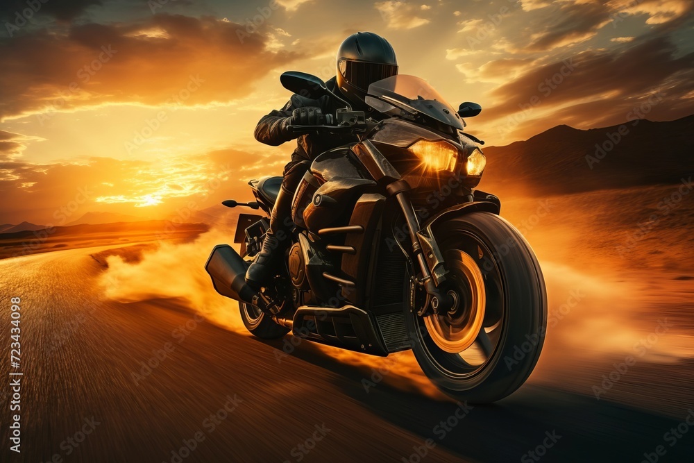 Motorcycle driver in his leather jacket on the road