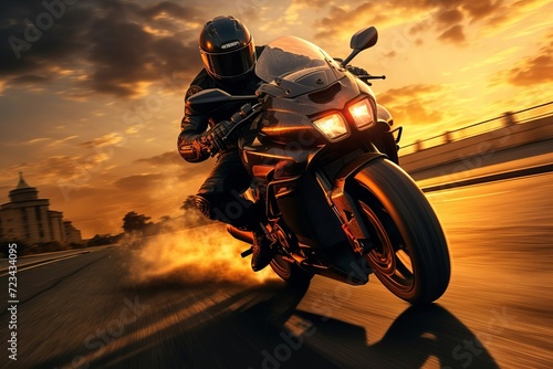 Motorcycle driver in his leather jacket on the road