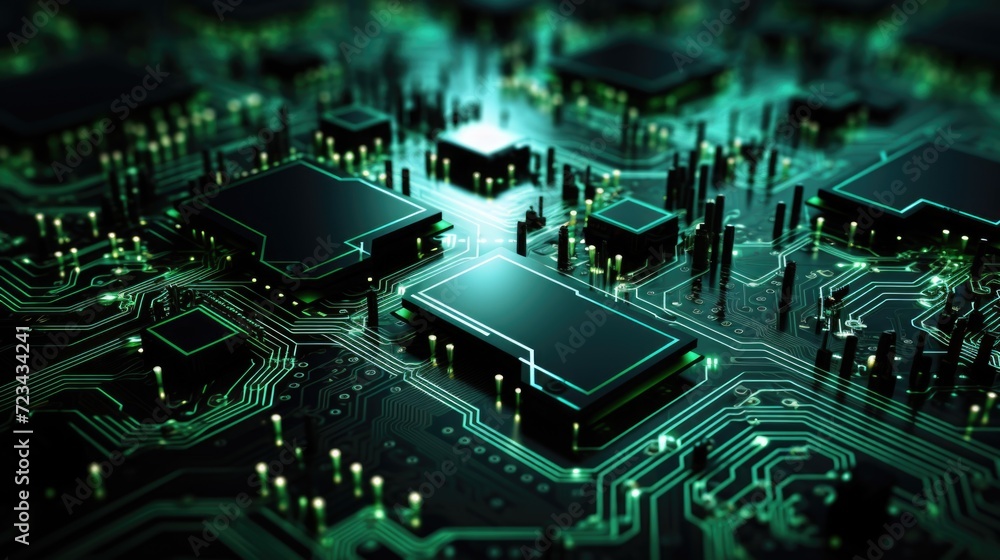 circuit board background, in the style of green and emerald, dramatic diagonals, lightbox, transparent layers