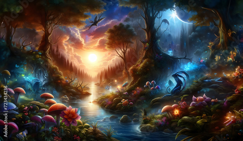 Magic forest wallpaper, surreal fantasy landscape 