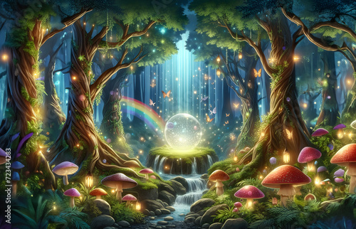Fantasy magic forest with mushrooms wallpaper. Fairy dark green world