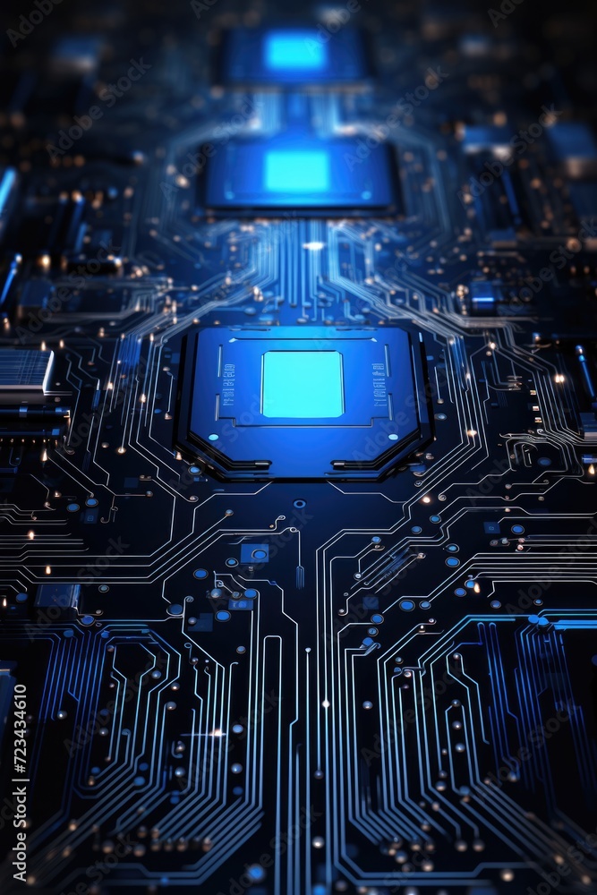 Fototapeta premium technology abstract background with circuit diagram elements, in the style of light black and indigo, luminous shadows