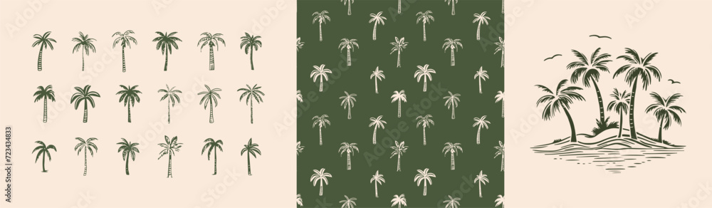 Hand drawn palm tree doodle seamless pattern set. Colorful hawaiian print, summer vacation background collection in vintage art style. Tropical plant painting illustration bundle. - obrazy, fototapety, plakaty 