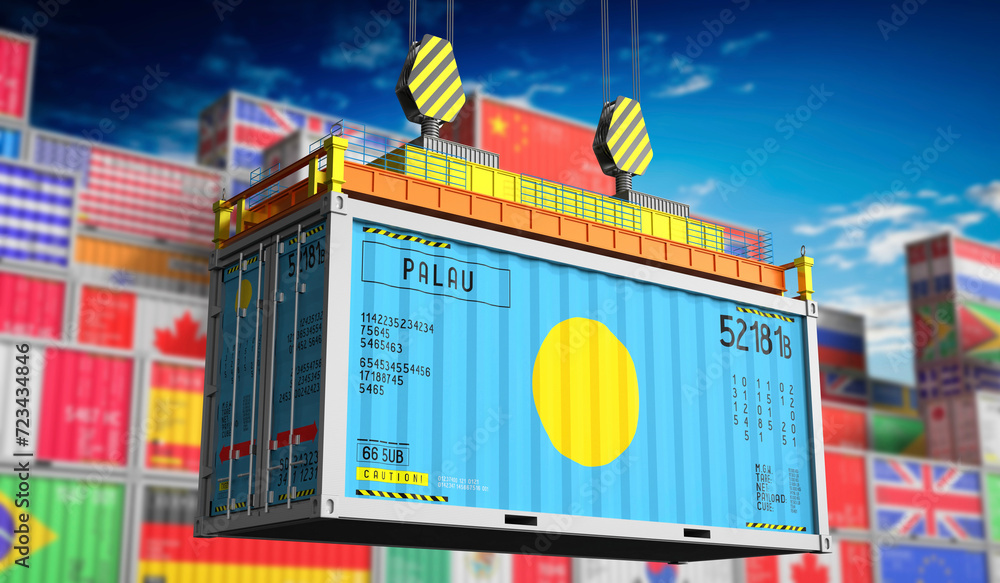 Freight shipping container with national flag of Palau - 3D illustration