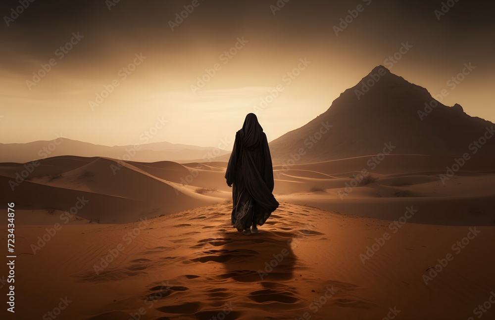 woman walking in desert with mountain in foreground
