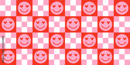 Funny happy face in love colorful cartoon seamless pattern. Retro pink smile icon background texture for valentine's day or romantic concept. Trendy checkered doodle wallpaper.