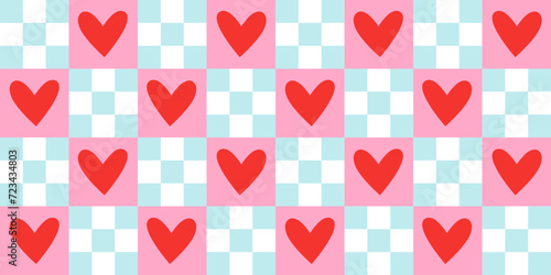 Red love heart seamless pattern illustration. Checkered romantic pink hearts background print. Valentine's day holiday backdrop texture, romantic wedding design.	