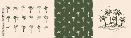 Hand drawn palm tree doodle seamless pattern set. Colorful hawaiian print, summer vacation background collection in vintage art style. Tropical plant painting illustration bundle.