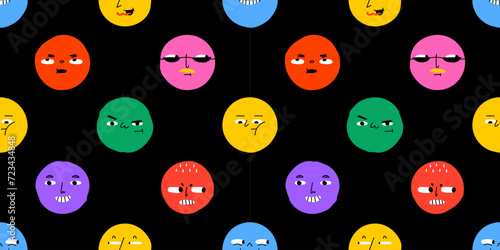 Funny happy face circle cartoon seamless pattern. Diverse mood reaction doodle background in hand drawn style. Fun children character texture print, friendly emotion sticker wallpaper.