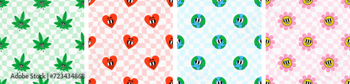 Trendy comic character mascot checkered seamless pattern set. Funny retro cartoon sticker chcker board background collection. Vintage wavy square grid tile texture print bundle.