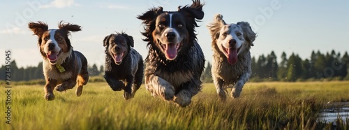 Dogs running in a field