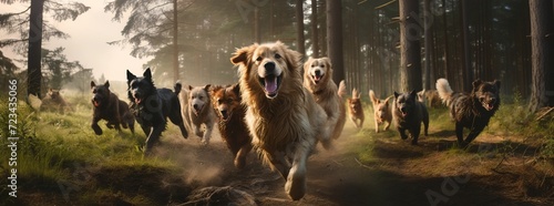 Dogs running in a forest