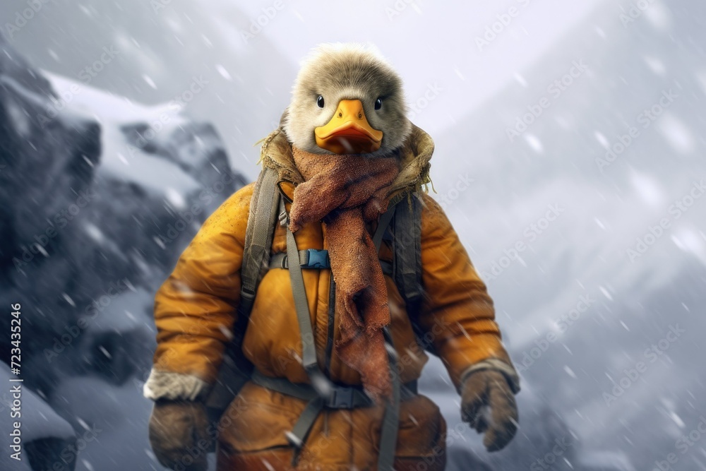a duck dressed as a climber who conquers mountain a duck dressed as a climber who conquers mountain