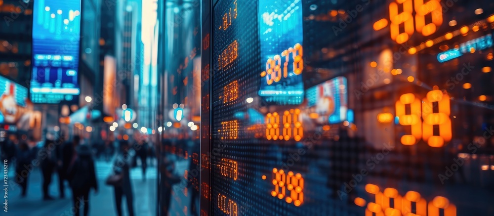 Stock market quotes displayed on glass reflect a city scene. Stock market quotes displayed on glass reflect a city scene.