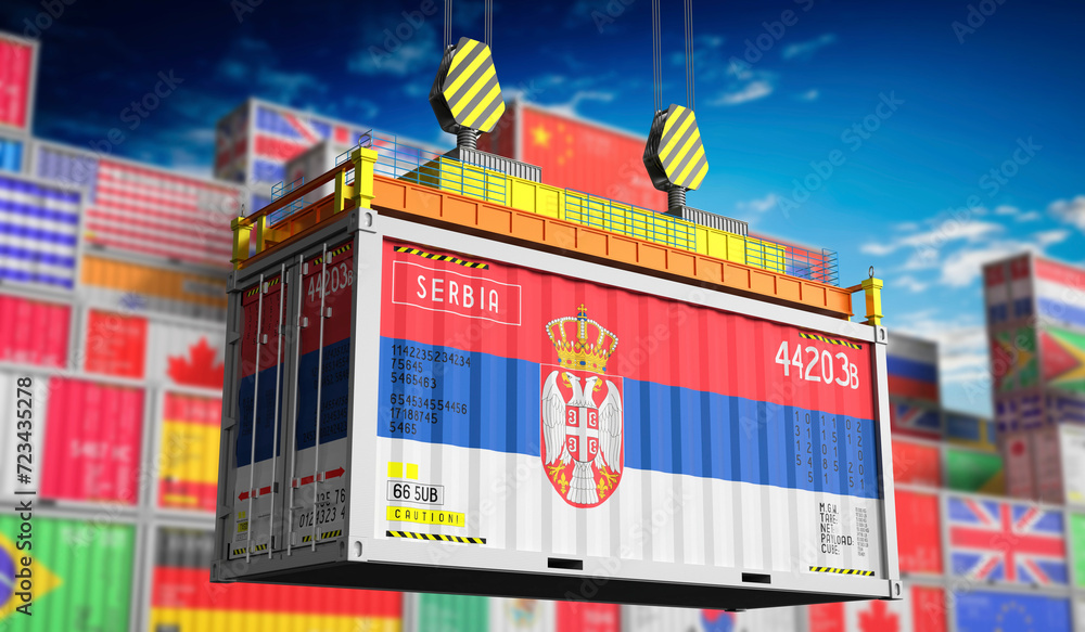Freight shipping container with national flag of Serbia - 3D illustration
