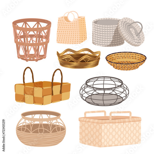 Baskets set vector illustration. Cartoon isolated round and square baskets with lid and handles, empty wicker bin for furniture, laundry and storage, rattan and fabric, bamboo and wooden hampers