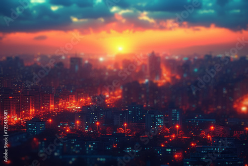 A film shot of an urban skyline at dusk, with the warm tones adding a vintage feel to the city lights. Concept of urban beauty seen through the warmth of film. Generative Ai.