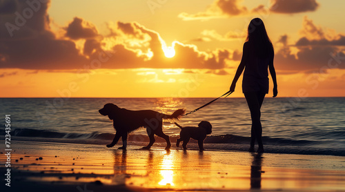 silhouette of a woman walking with her adorable dog on the beach shore. travel concept. vacations concept